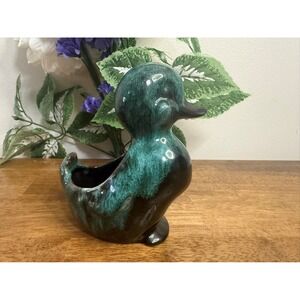Vintage Pottery Duck Planter Green Drip Glaze Mid Century Decor Retro Bird Decor